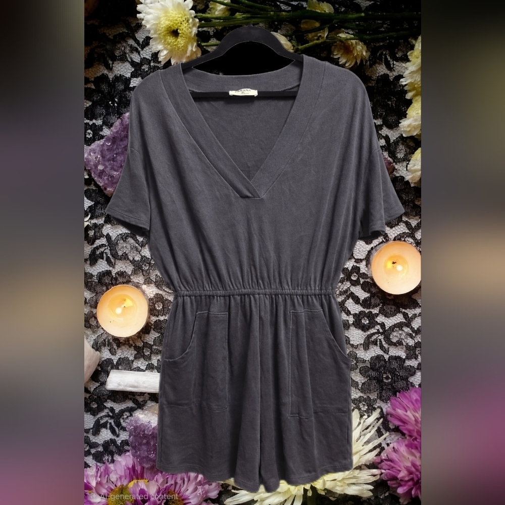 Casual Romper | Charcoal Gray V Neck Elastic Waist Pocket XL
